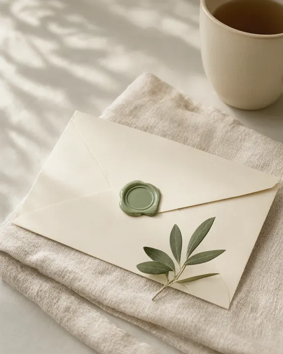 A cream envelope with a sage wax seal beside a sprig of olive and a cup of tea.
