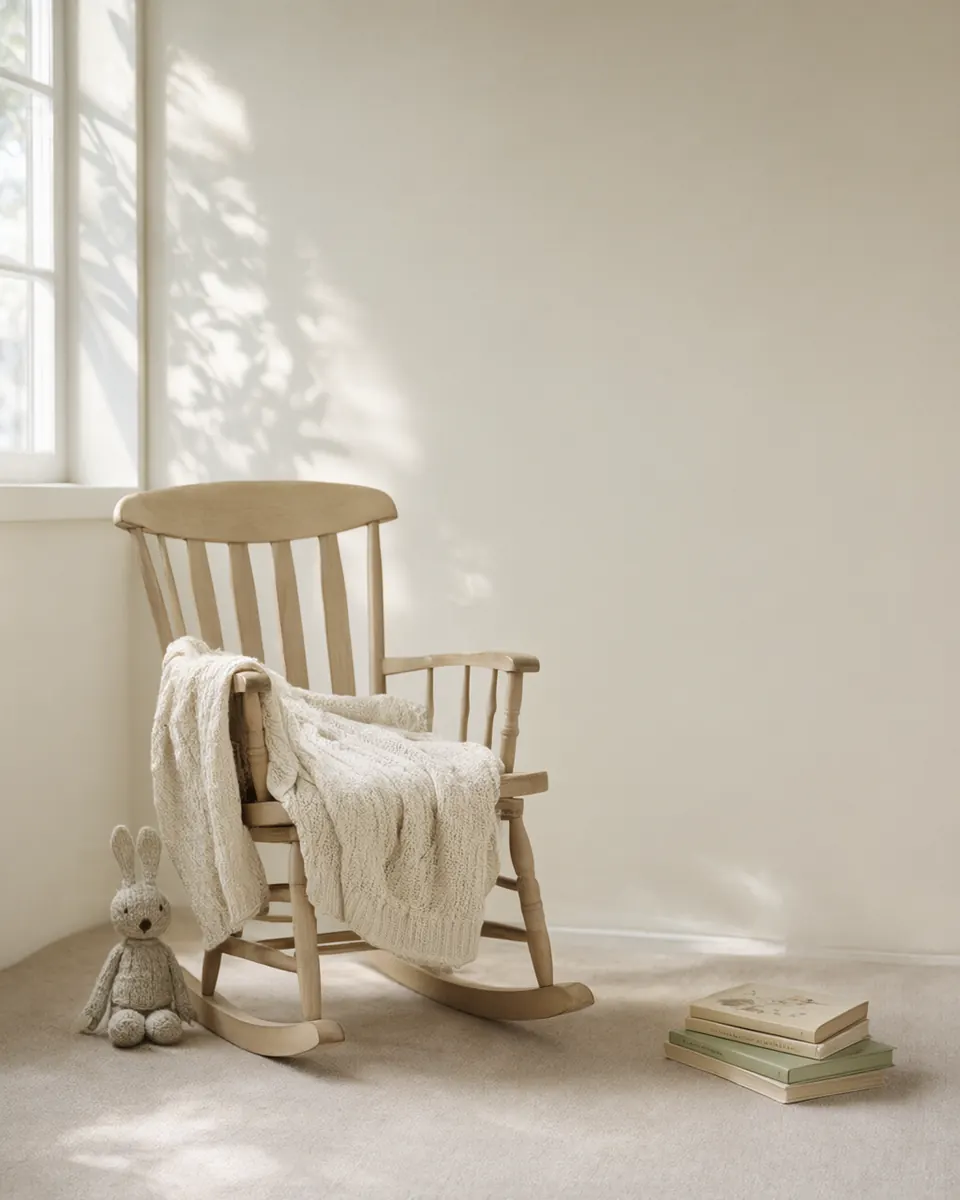 A wooden rocking chair with a knit blanket beside a window in a calm nursery.