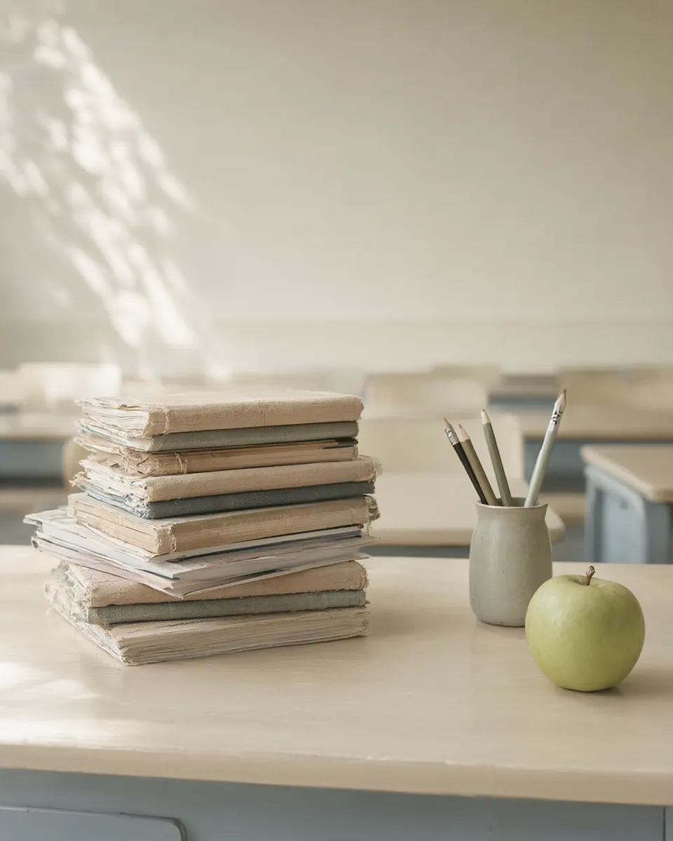 Notebooks, a cup of pencils and a green apple on a classroom desk.