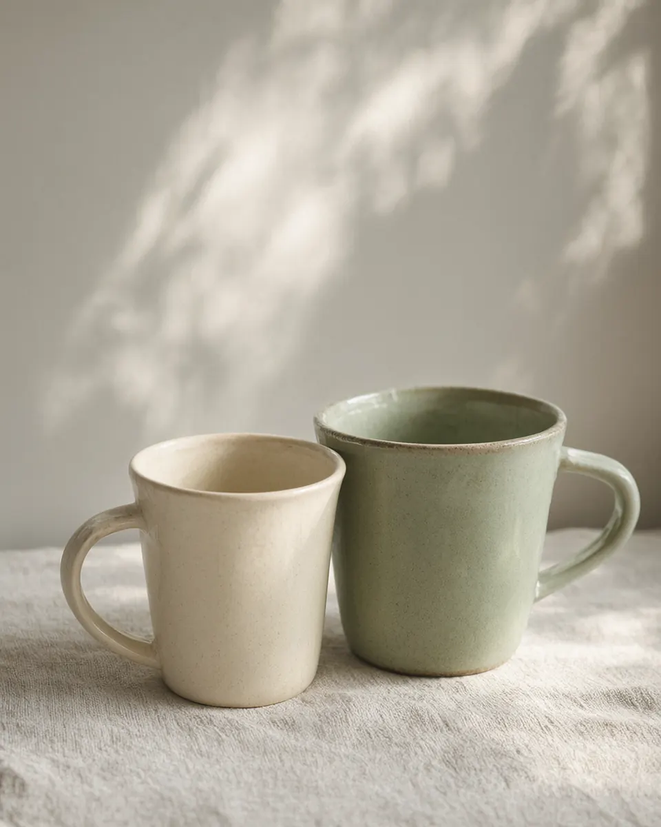 Two ceramic mugs side by side on a linen tablecloth in morning light.