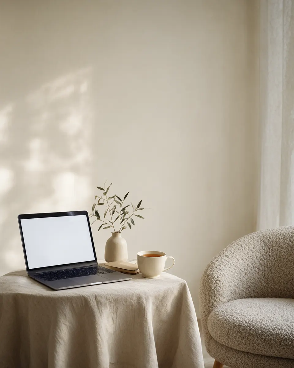 A cozy corner with an open laptop, a cup of tea and a vase of olive sprigs, ready for a telehealth session.
